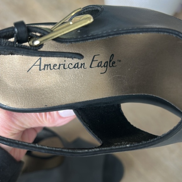 American Eagle Open Toe Faux Wood Wedge Buckle Platform Sandals Black Size 9.5 - Picture 14 of 16